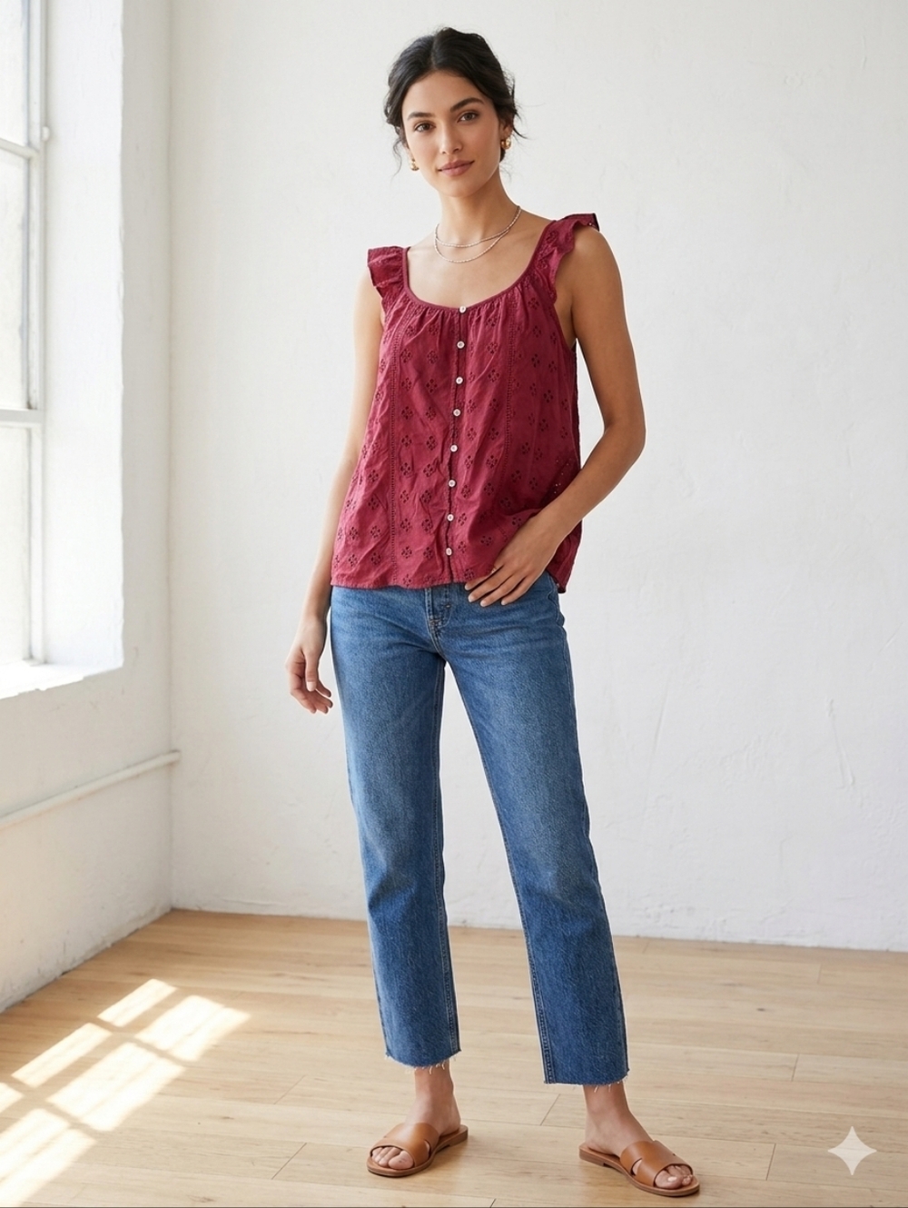 Lovestitch Button-Front Eyelet Cotton Tank Top - Rose